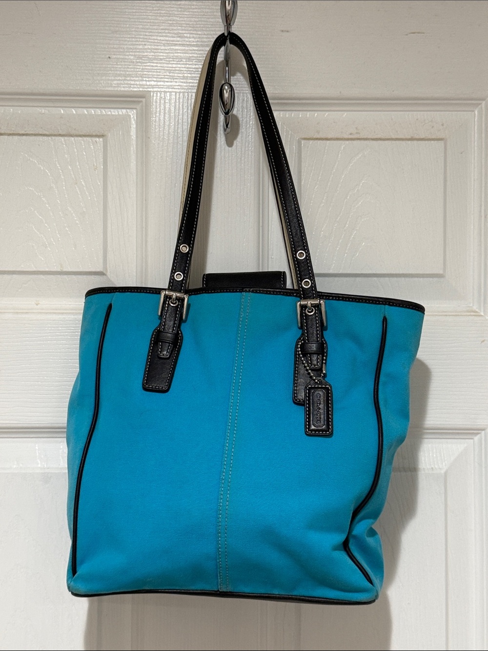 Vintage Coach Turquoise Canvas Tote with Black Leather Handles